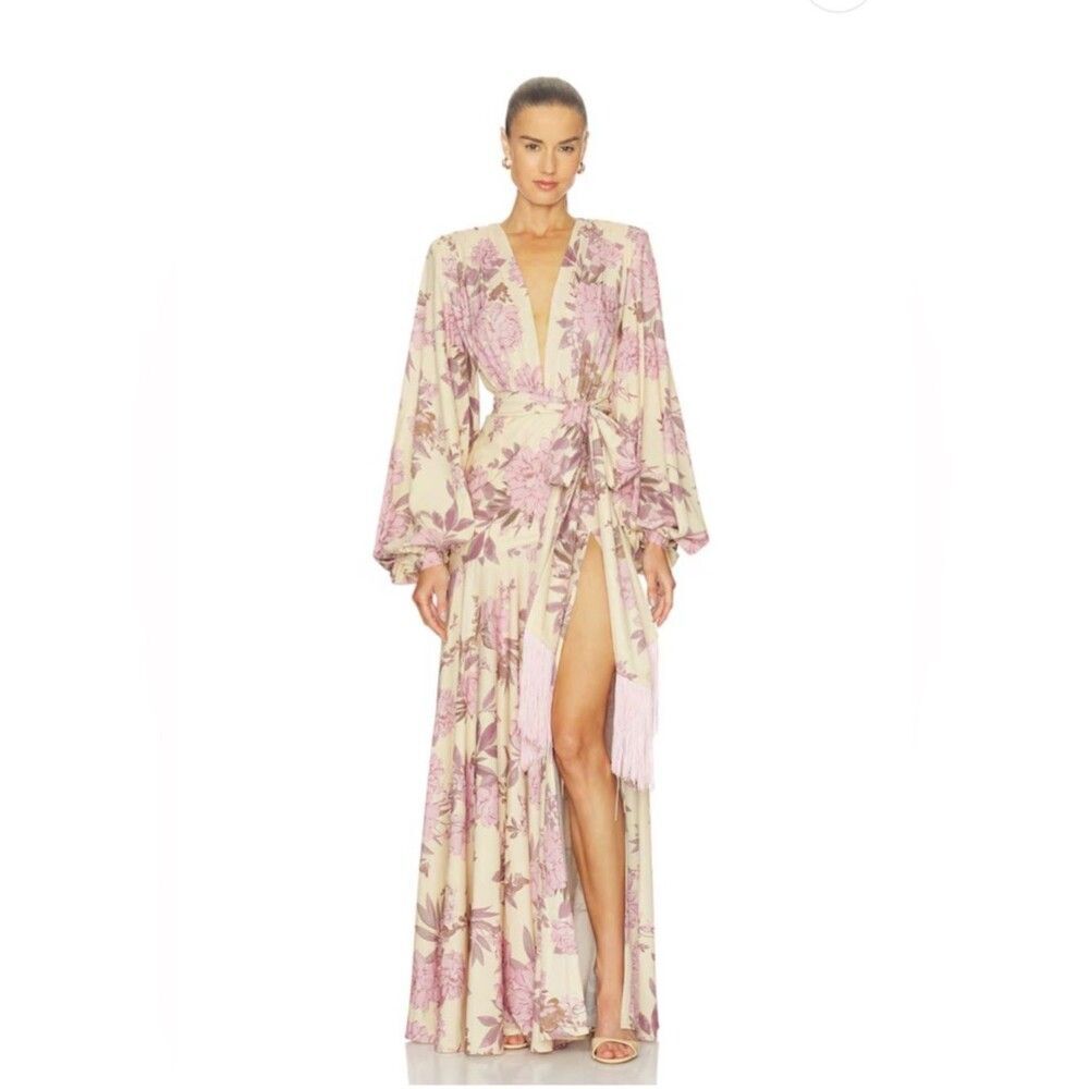 NEW BRONX BANCO Magnolia Carmen Blush Gown, Floral Maxi Wrap Dress in Pink, M
